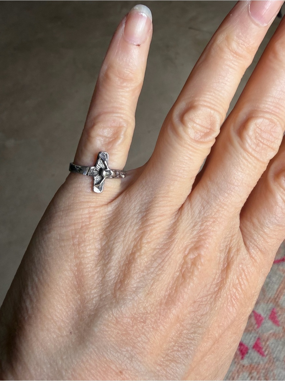 925 Mexican Sterling Silver Cross Pinky Ring Hand-Carved Jesus Crucifix Sz 5.25